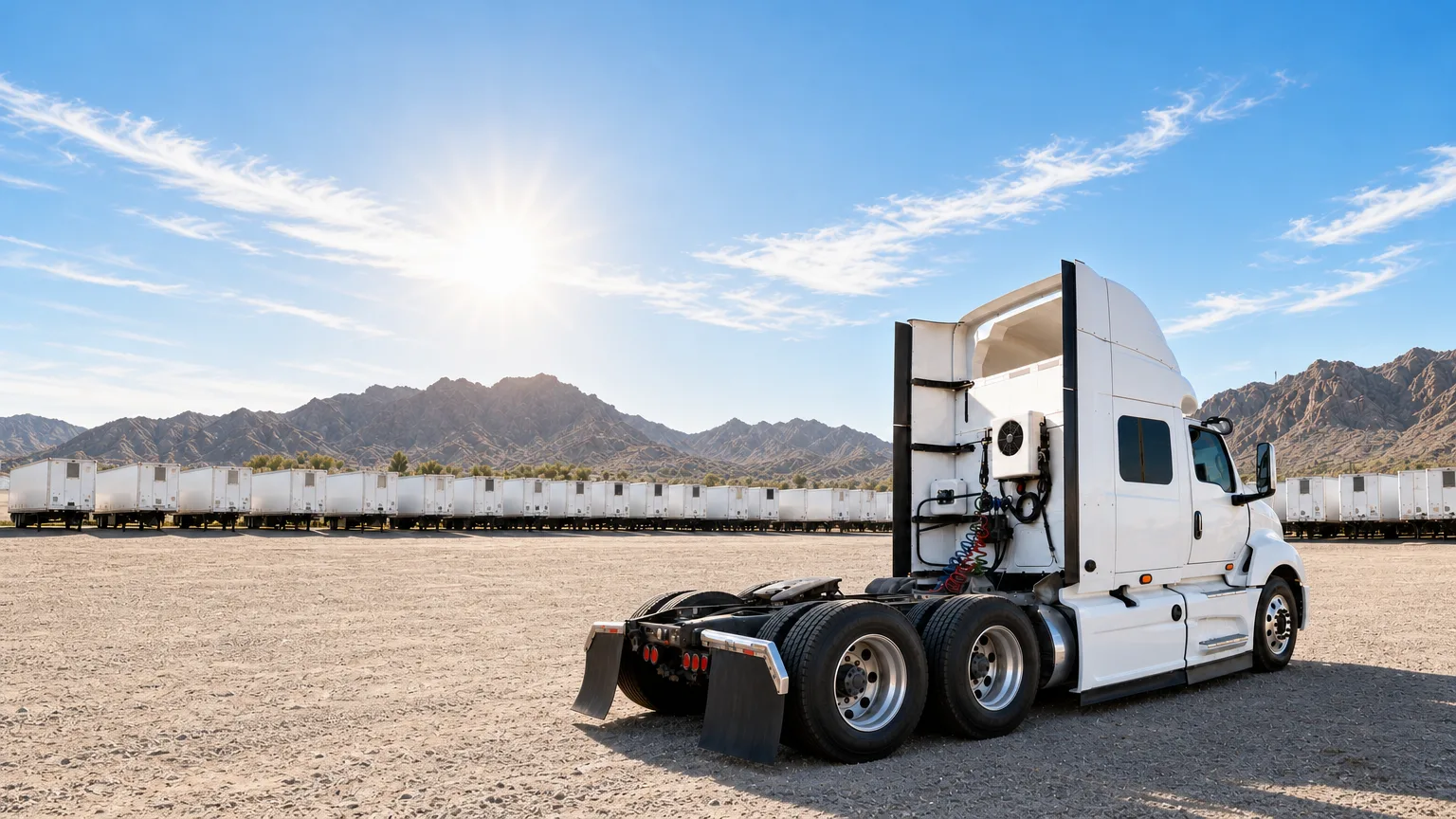 Tractocamión blanco con equipo de aire acondicionado eléctrico instalado en la cabina