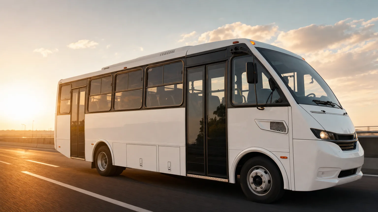 Autobús blanco en carretera al atardecer
