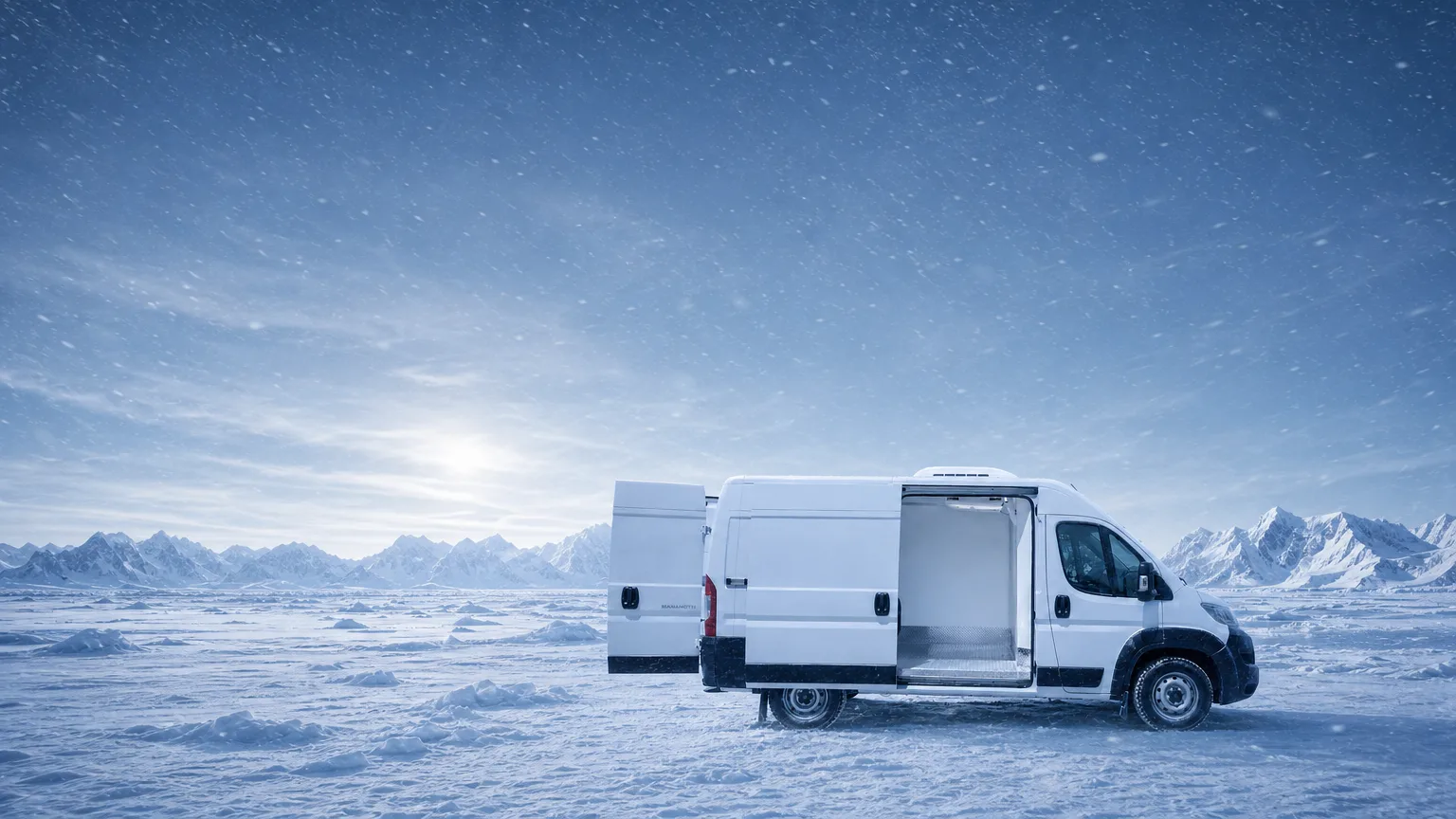 Van refrigerada con la puerta abierta en un paisaje nevado