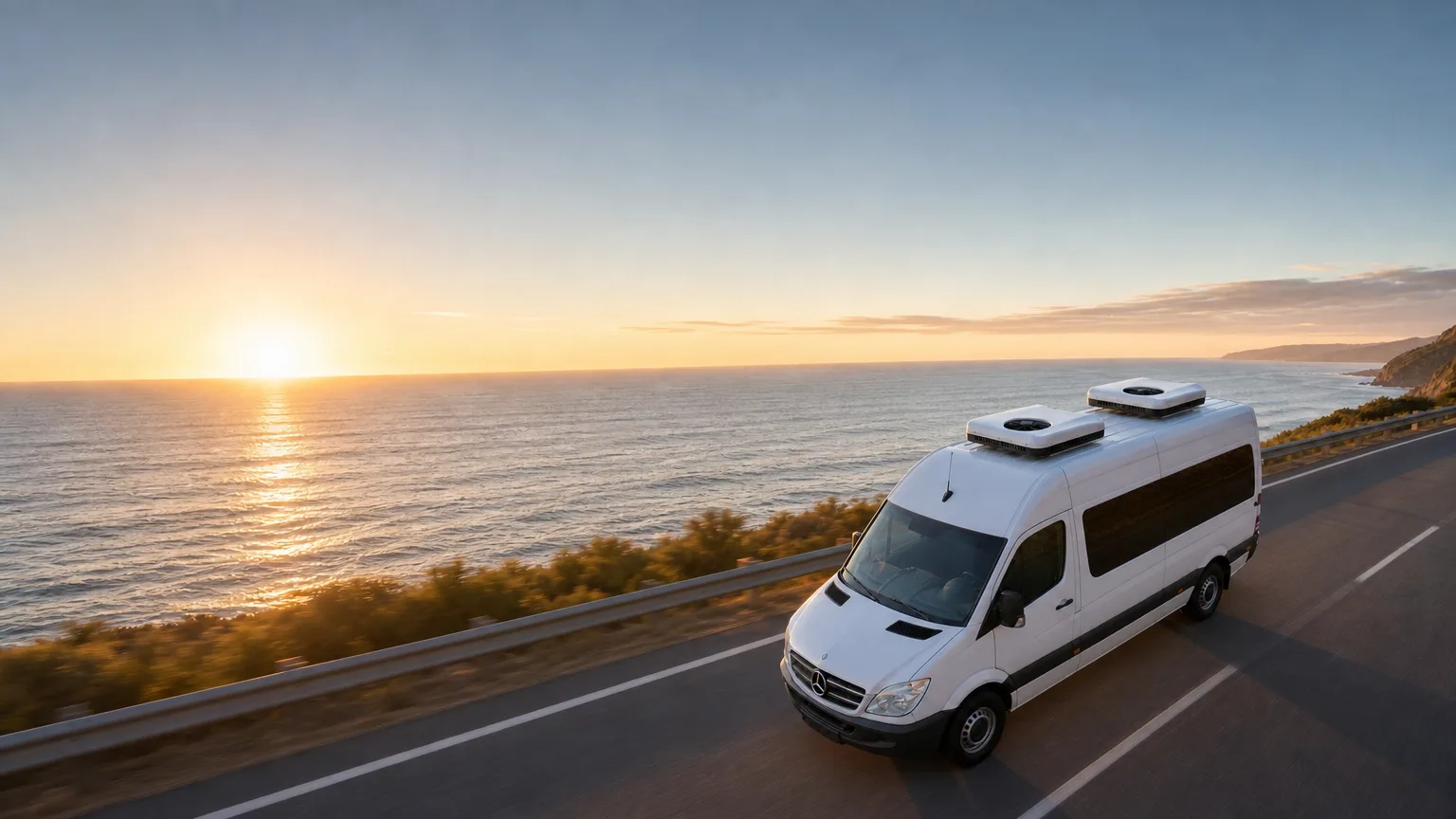 Van blanca con unidades de aire acondicionado en el techo, en carretera costera